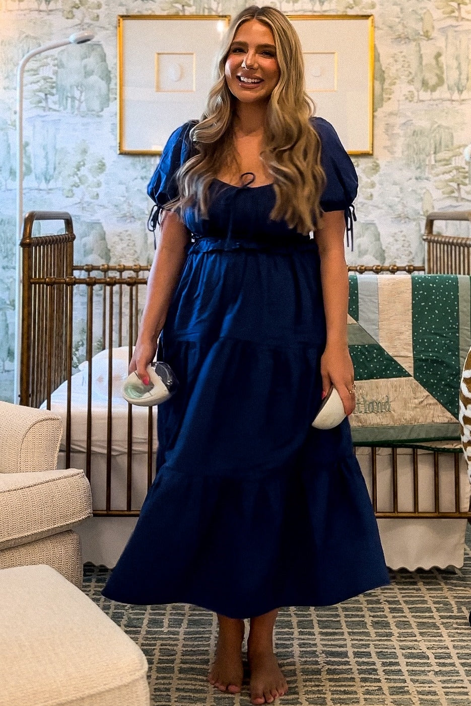 Navy Shirred Front Tie Short Sleeve Tiered Midi Dress