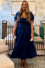 Navy Shirred Front Tie Short Sleeve Tiered Midi Dress