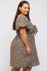 Cream Cheetah Print Knotted Puff Sleeve Plus Dress