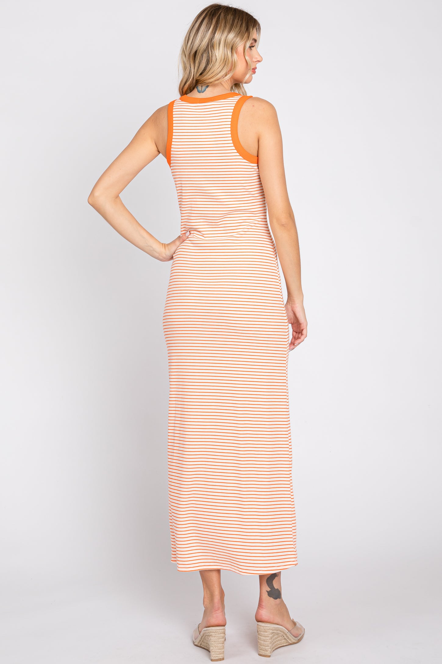 Orange Striped Ribbed Sleeveless Maxi Dress