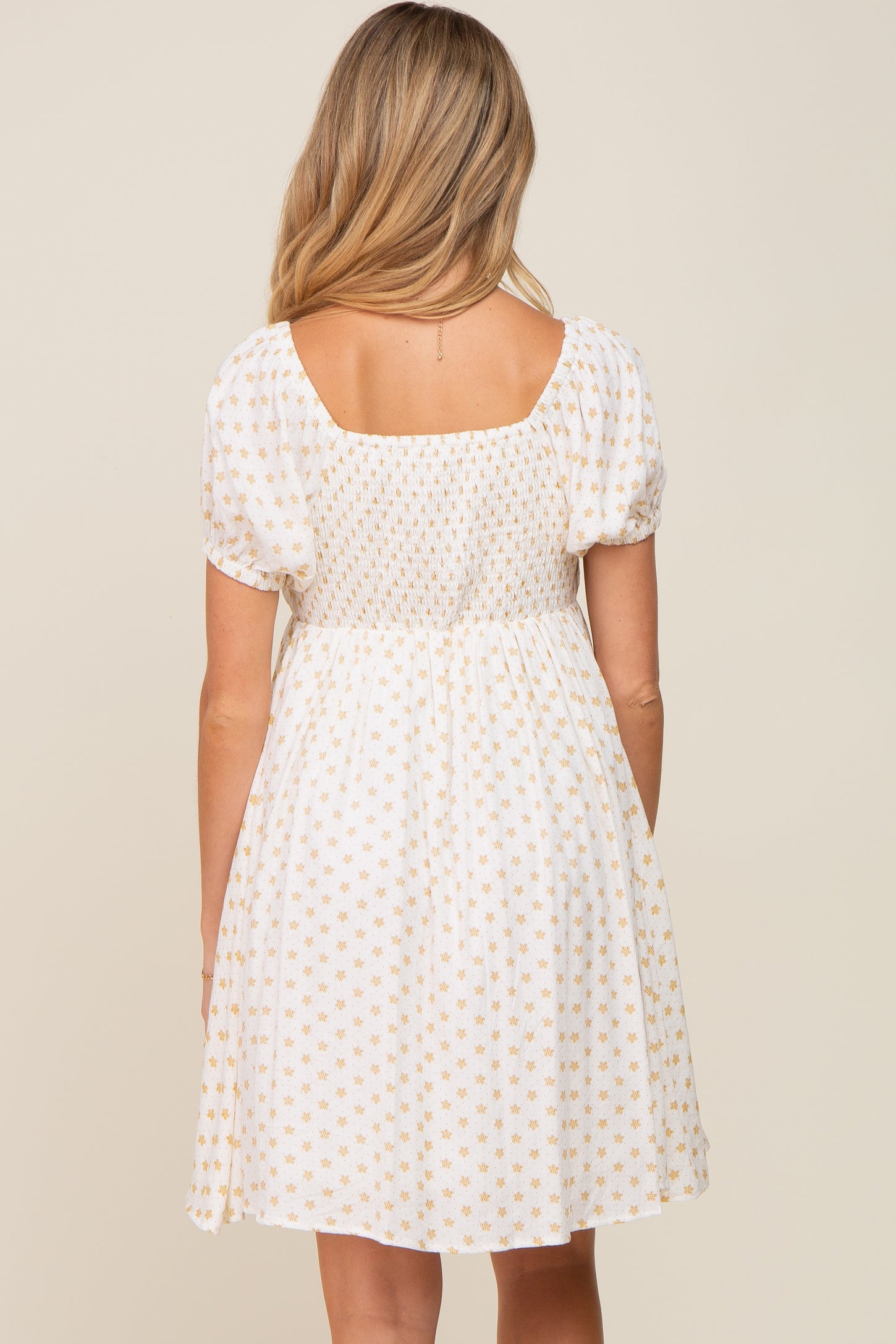 Yellow Floral Dotted Button Front Maternity Dress
