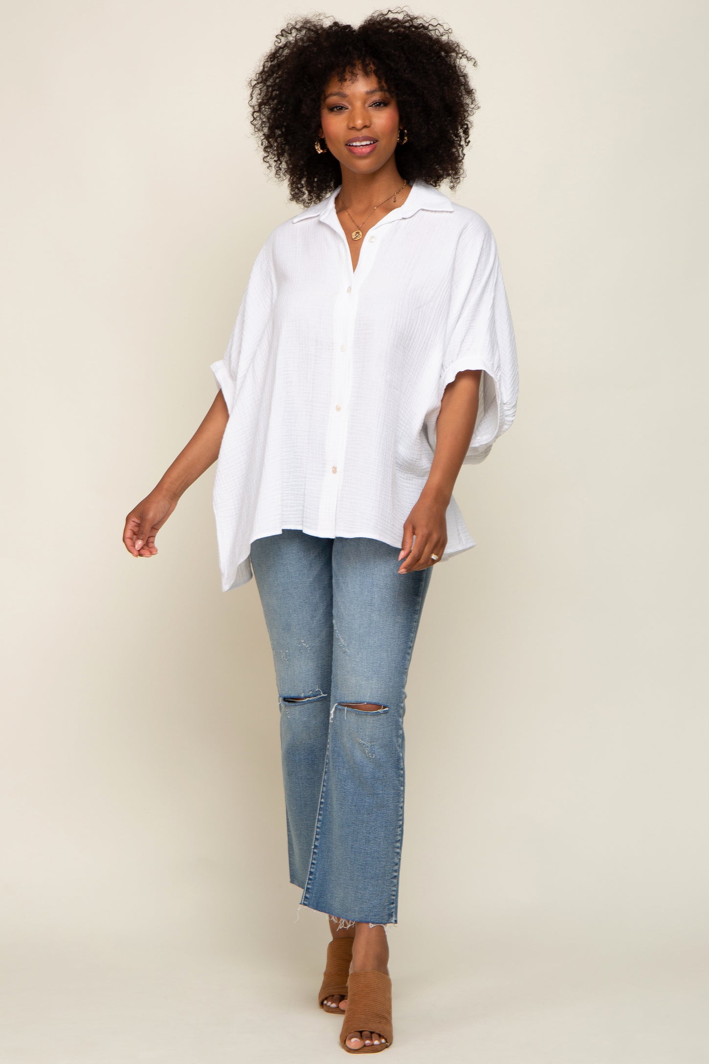 White Gauze Double Layered Button Up Top