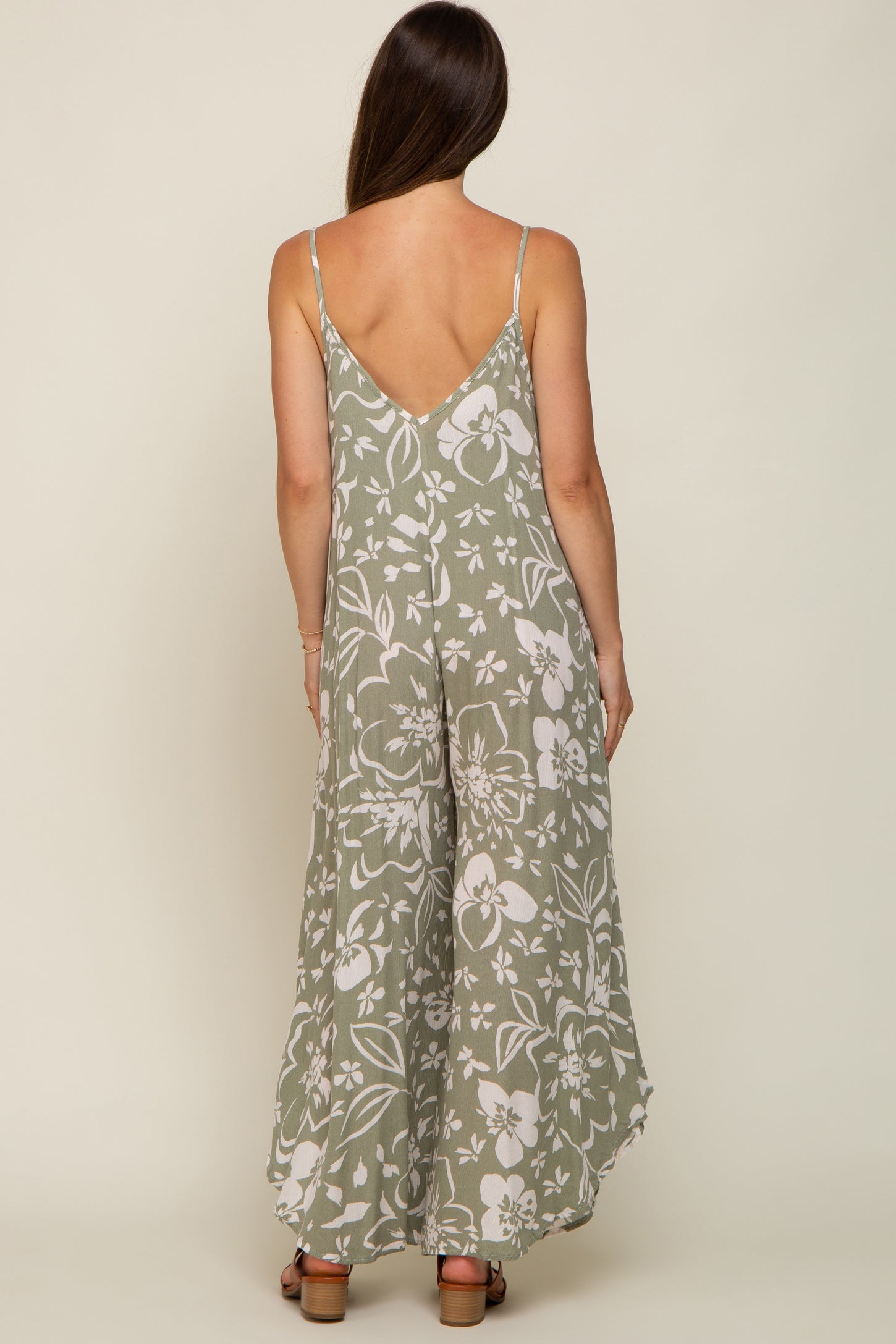 Light Olive Tropical Floral V-Neck Round Hem Maternity Midi Dress