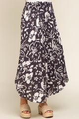 Charcoal Tropical Floral Smocked Waist Round Hem Midi Skirt