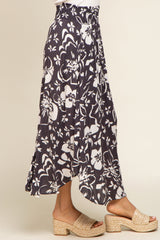 Charcoal Tropical Floral Smocked Waist Round Hem Midi Skirt