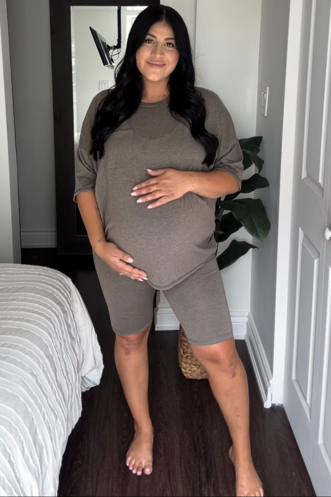 Mocha Biker Short Maternity Sleep Set
