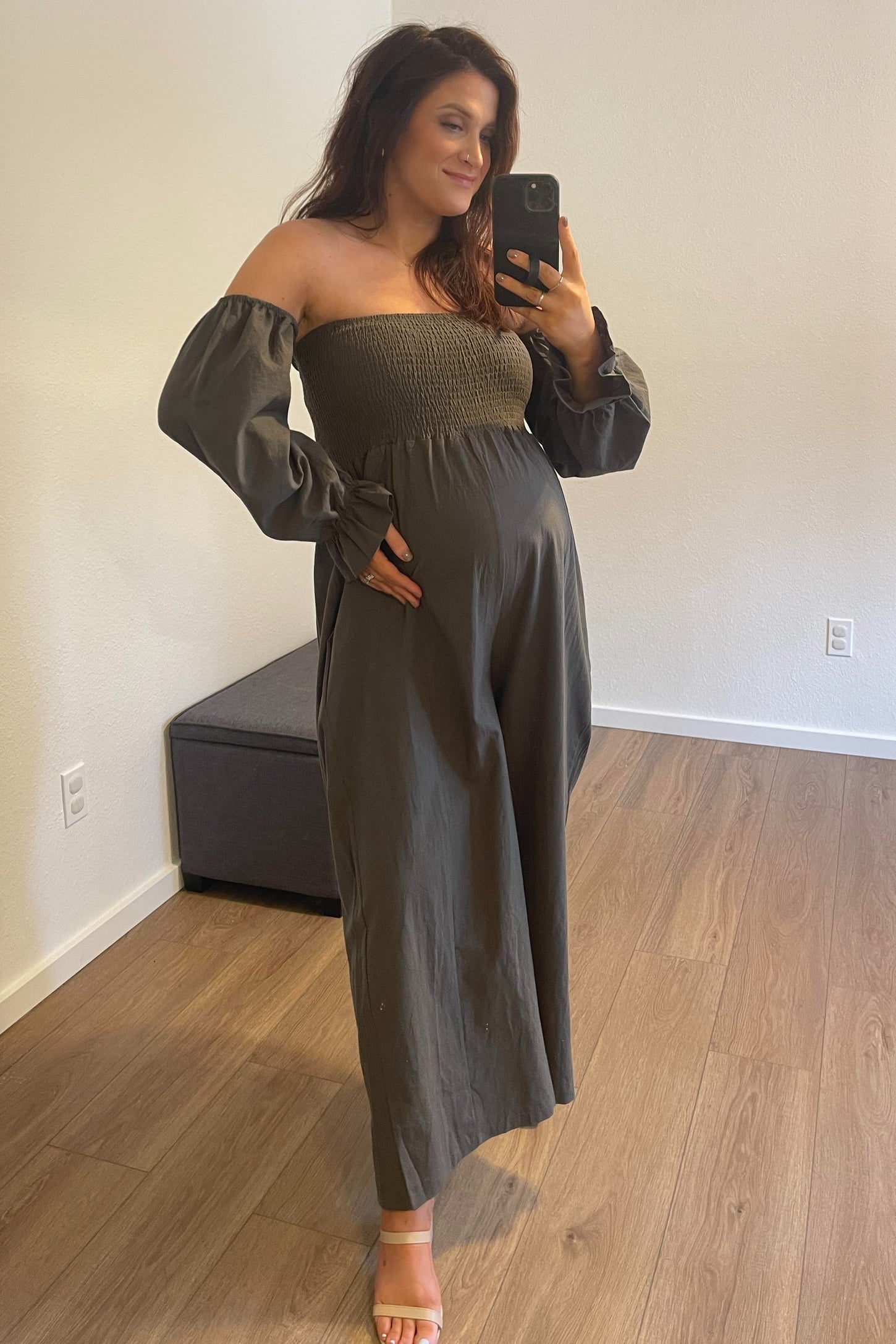 Olive Linen Smocked Off Shoulder Wide Leg Maternity Jumpsuit