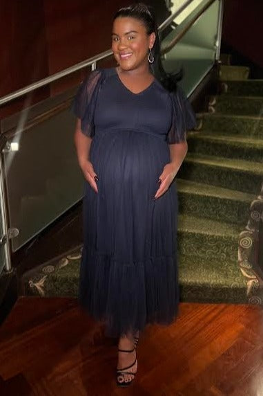 Navy Blue Dotted Tulle Smocked Maternity Midi Dress