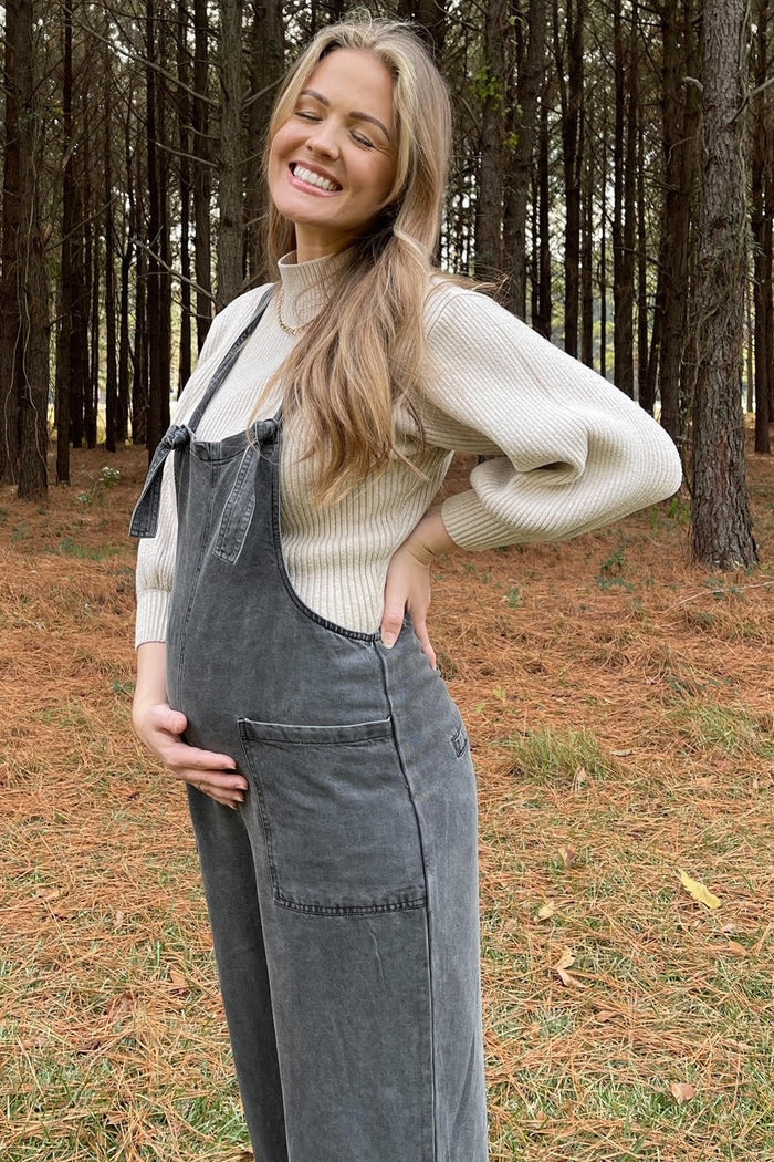 Black Front Pocket Cropped Maternity Overall