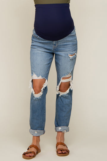 Blue Distressed Cuffed Maternity Jeans