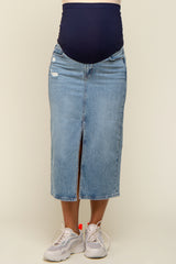 Light Blue Denim Front Slit Maternity Midi Skirt