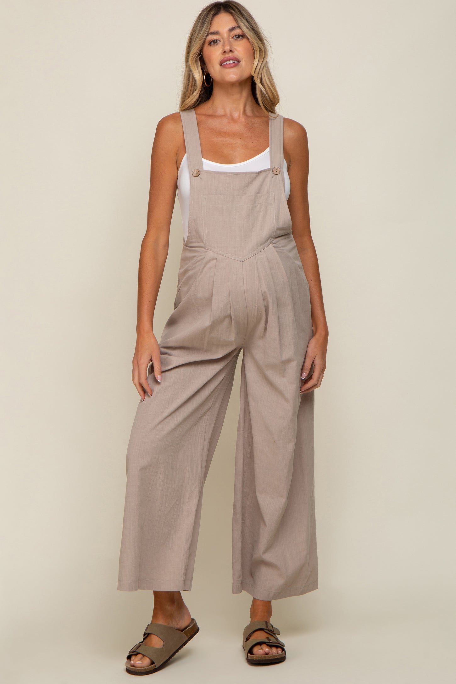 Taupe Front Pocket Pleated Linen Maternity Overall