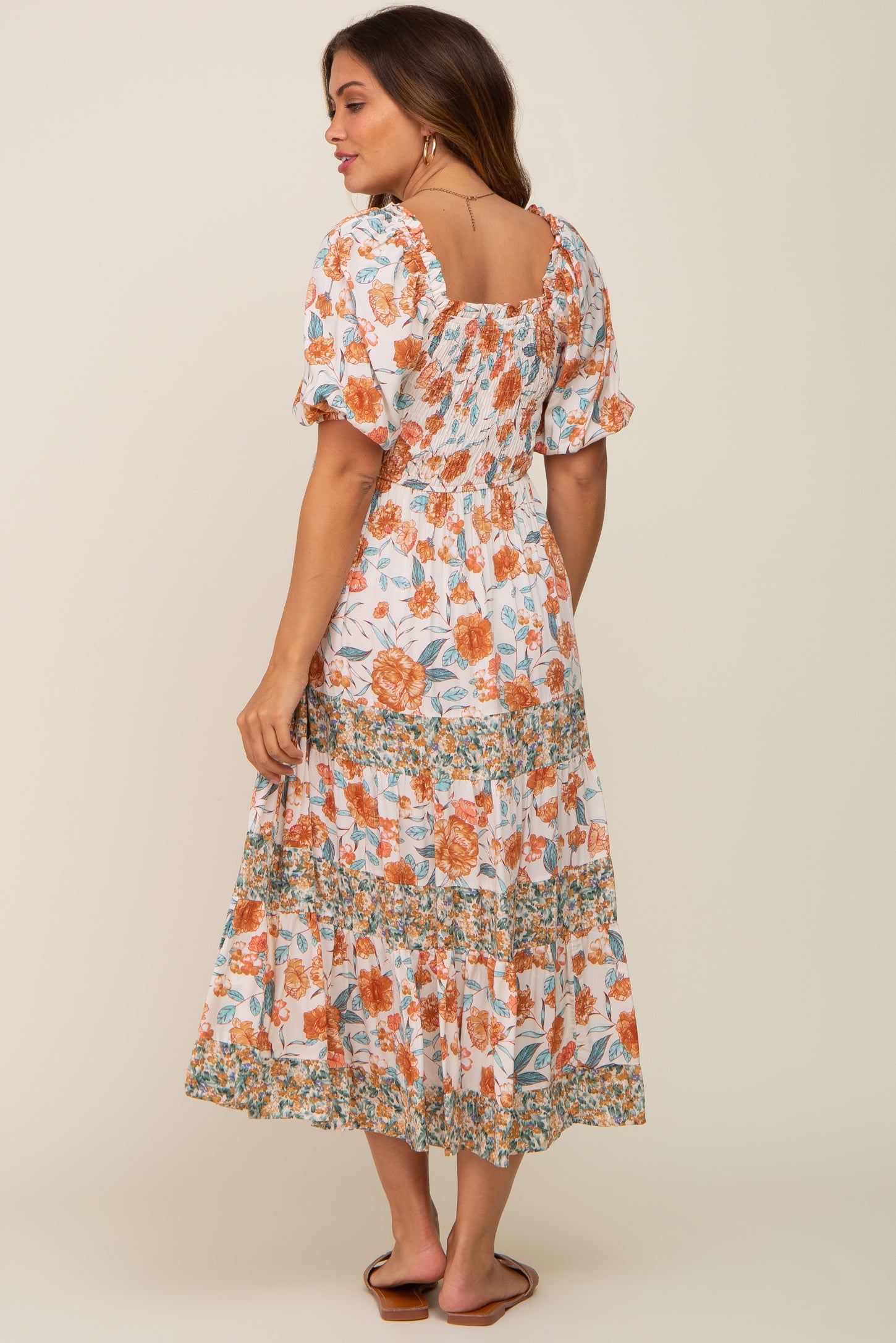 Cream Floral Puff Sleeve Tiered Maternity Midi Dress