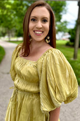 Yellow Metallic Bubble Sleeve Flared Mini Dress