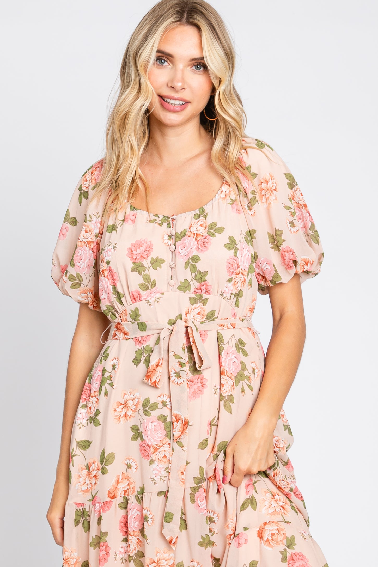 Pink Floral Button Puff Sleeve Midi Dress