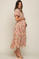 Pink Floral Button Puff Sleeve Maternity Midi Dress