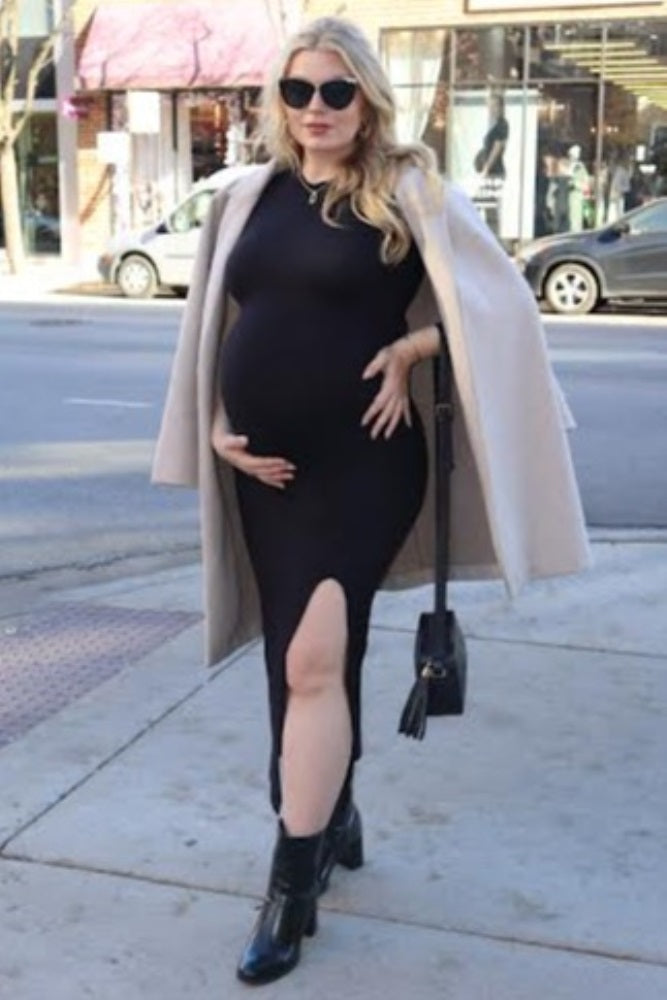 Black Mock Neck Front Slit Short Sleeve Maternity Maxi Dress