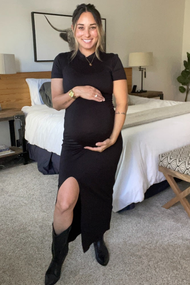 Black Mock Neck Front Slit Short Sleeve Maternity Maxi Dress