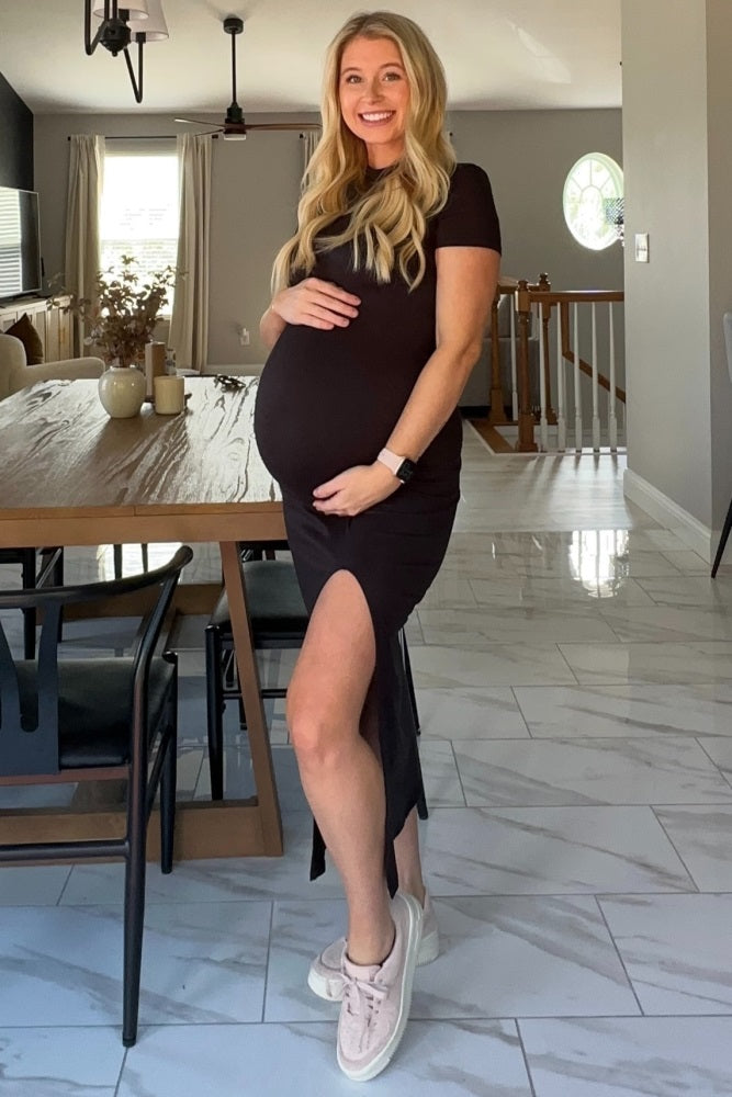 Black Mock Neck Front Slit Short Sleeve Maternity Maxi Dress