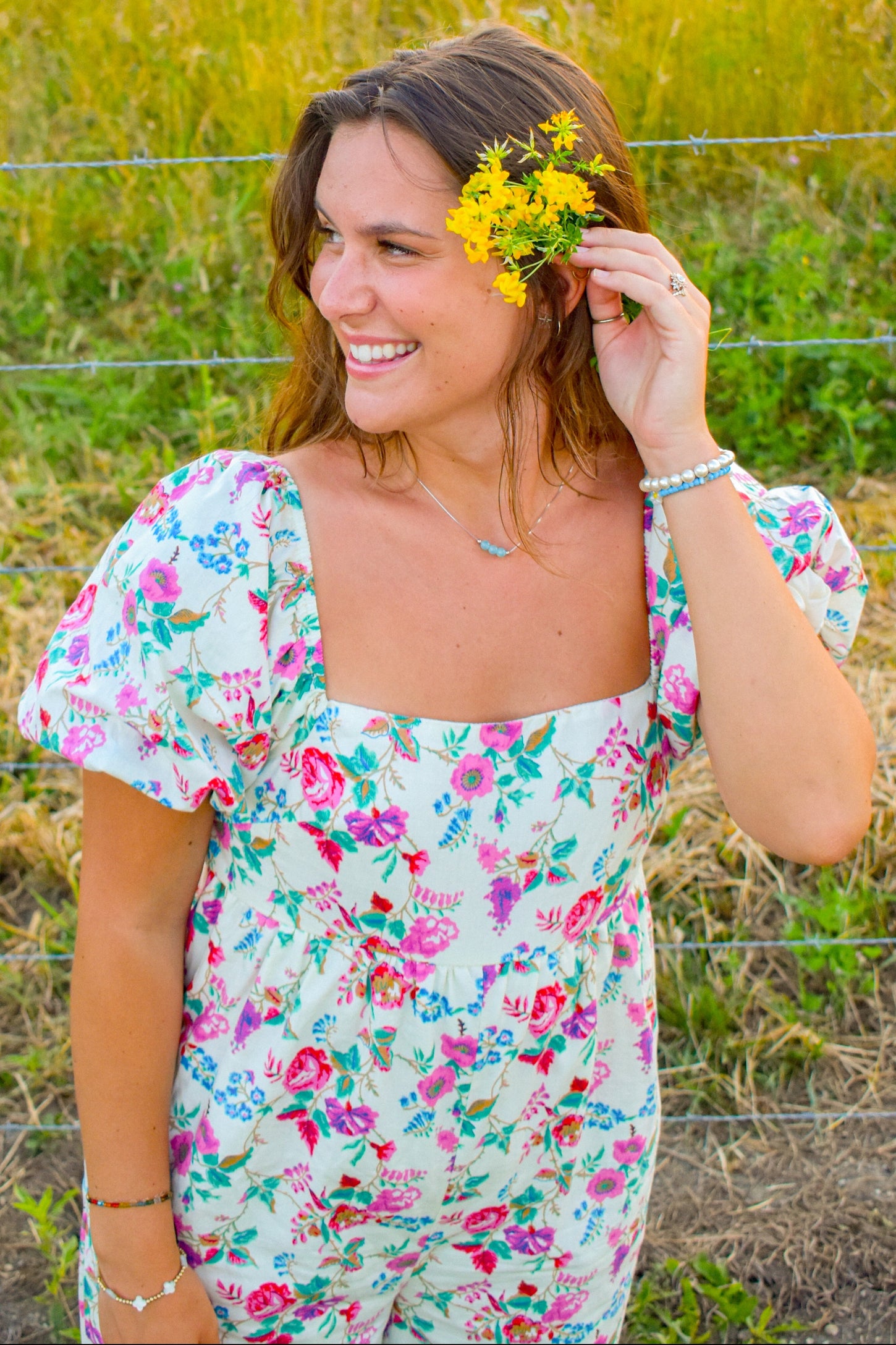 Ivory Floral Wide Leg Puff Sleeve Jumpsuit