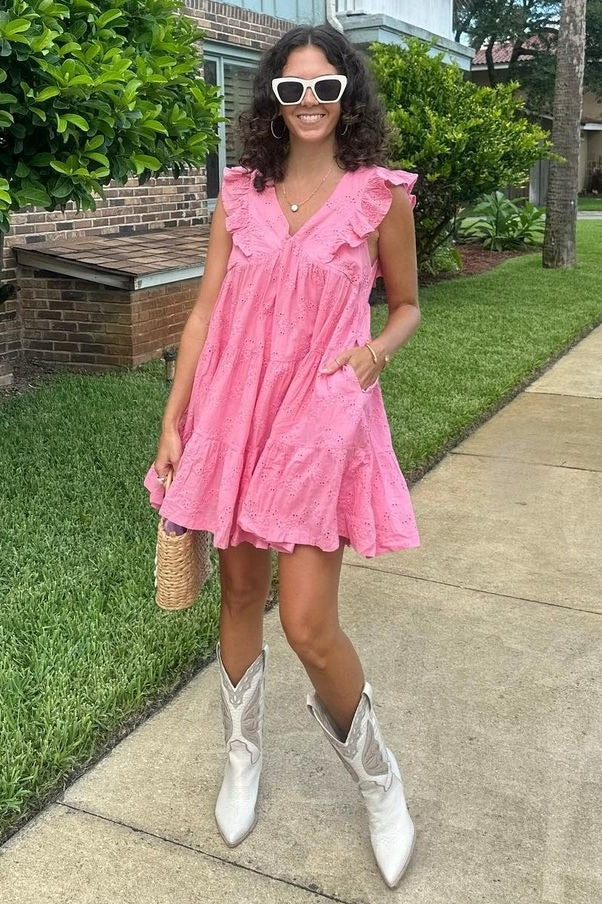 Coral Eyelet Babydoll Mini Dress