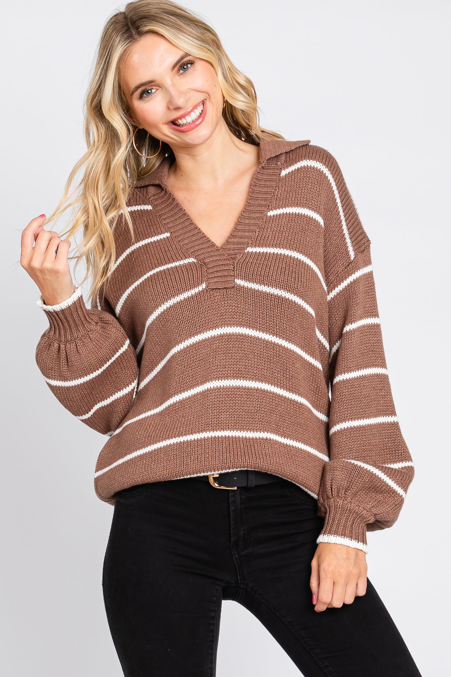 Brown Striped V-Neck Collared Sweater
