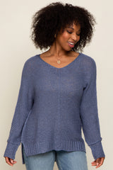 Blue Chunky Knit Side Slit Sweater