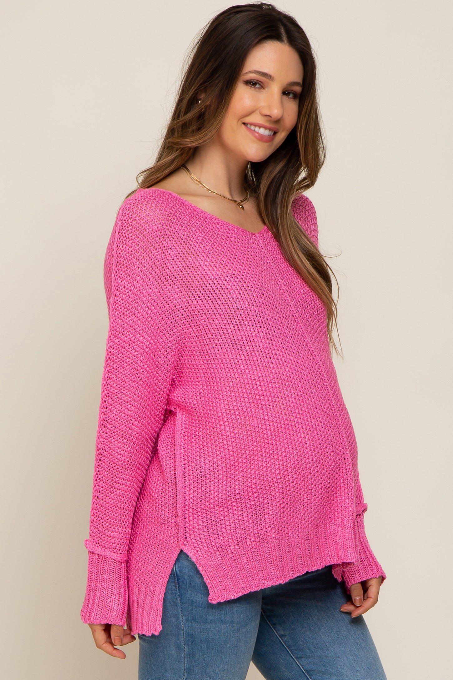 Pink Chunky Knit Side Slit Maternity Sweater
