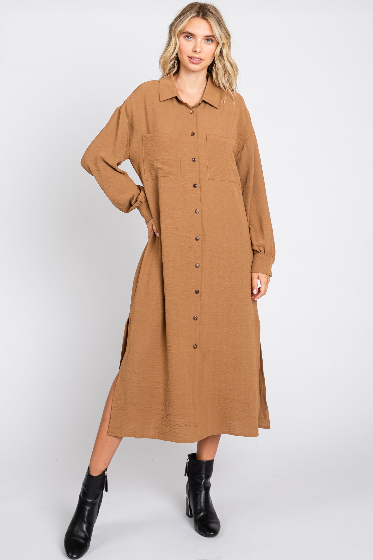 Camel Button Down Collared Maxi Dress