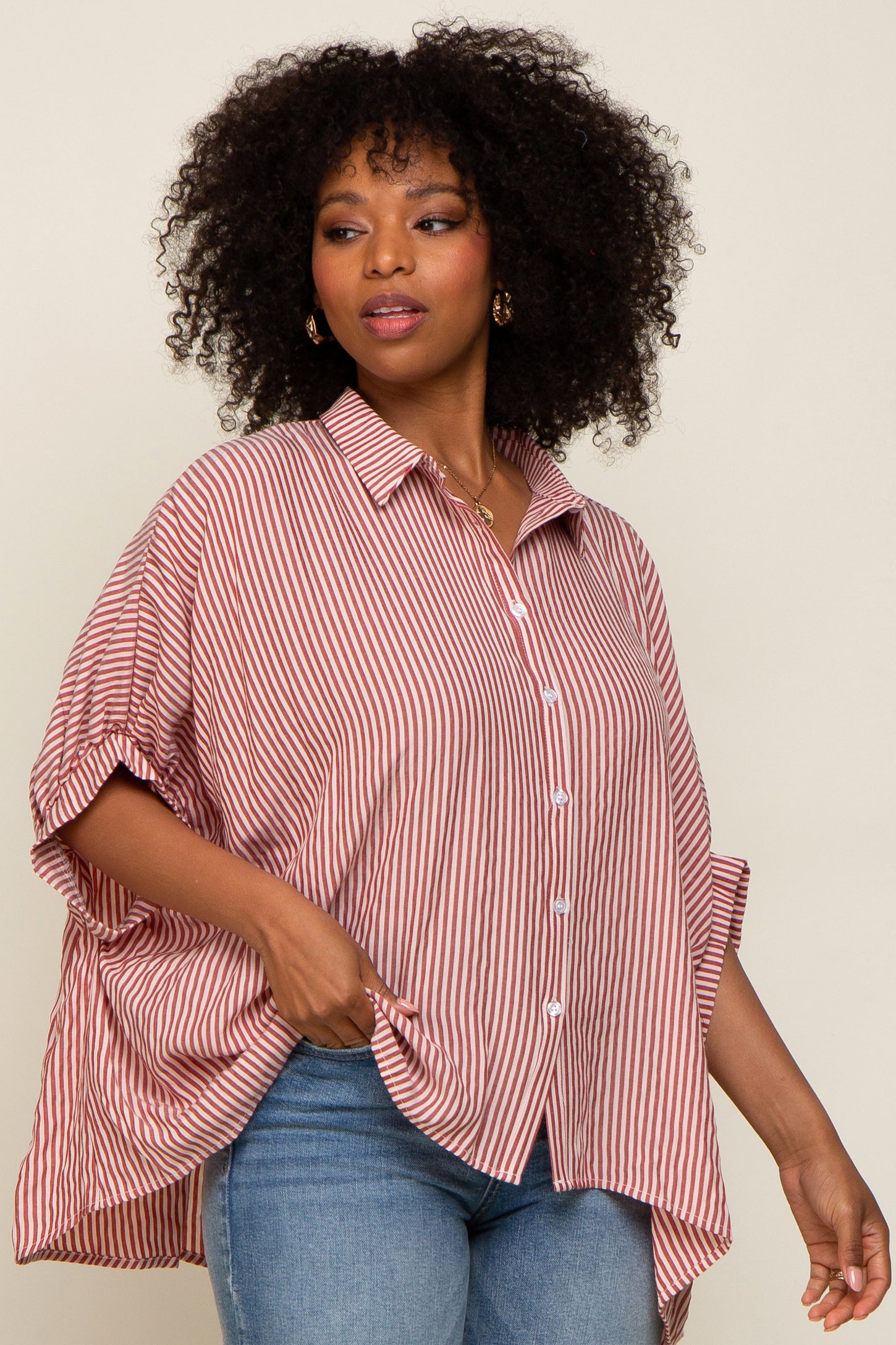 Red Striped Dolman Button Down Top
