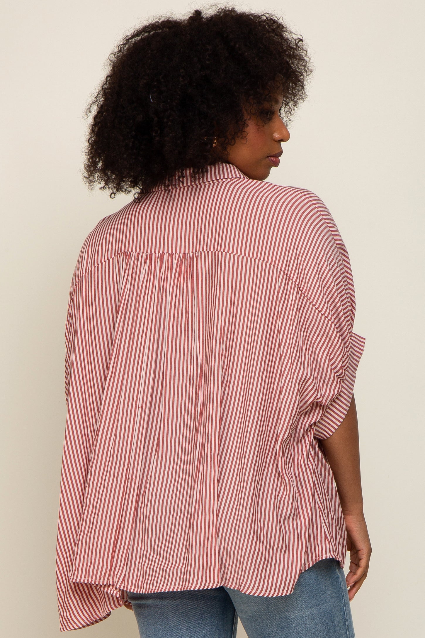 Red Striped Dolman Button Down Top