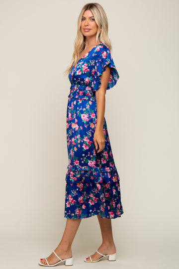 Royal Blue Floral Satin Ruffle Midi Dress