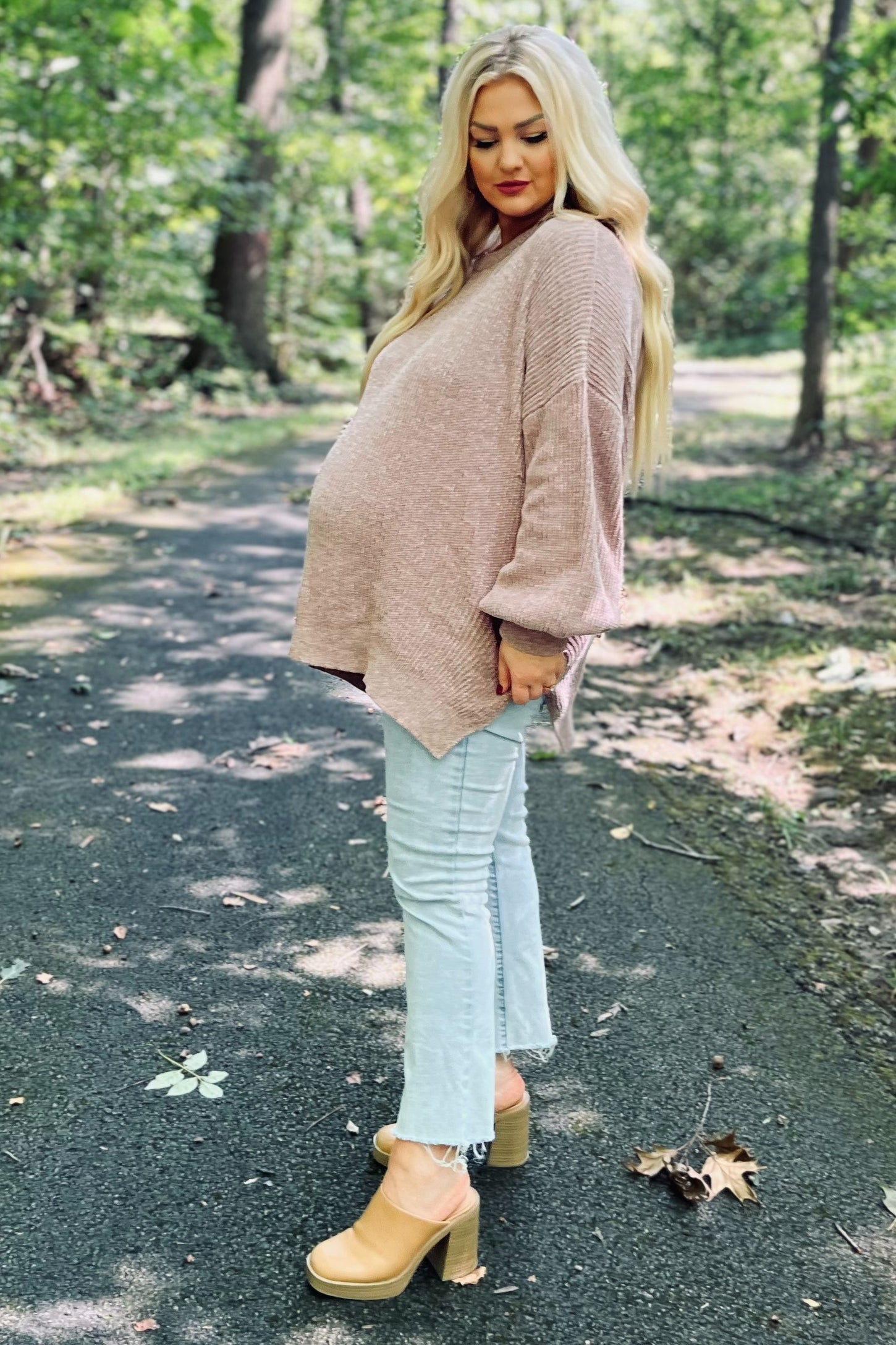 Beige Chenille Knit Balloon Sleeve Maternity Sweater
