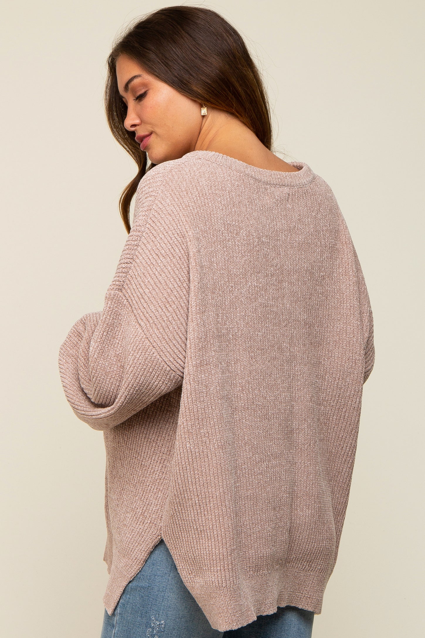 Beige Chenille Knit Balloon Sleeve Maternity Sweater