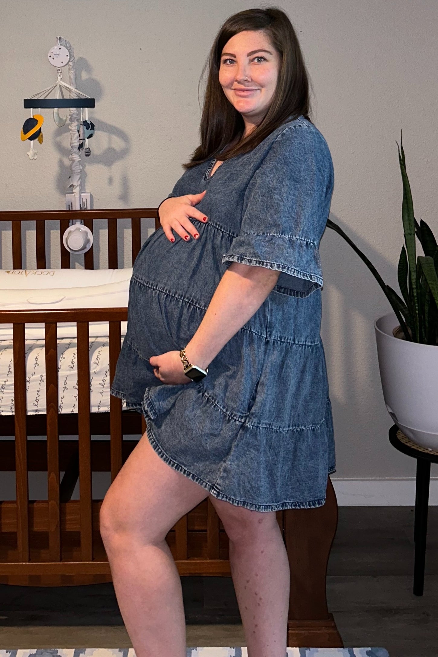 Blue Vintage Wash Tiered Maternity Dress