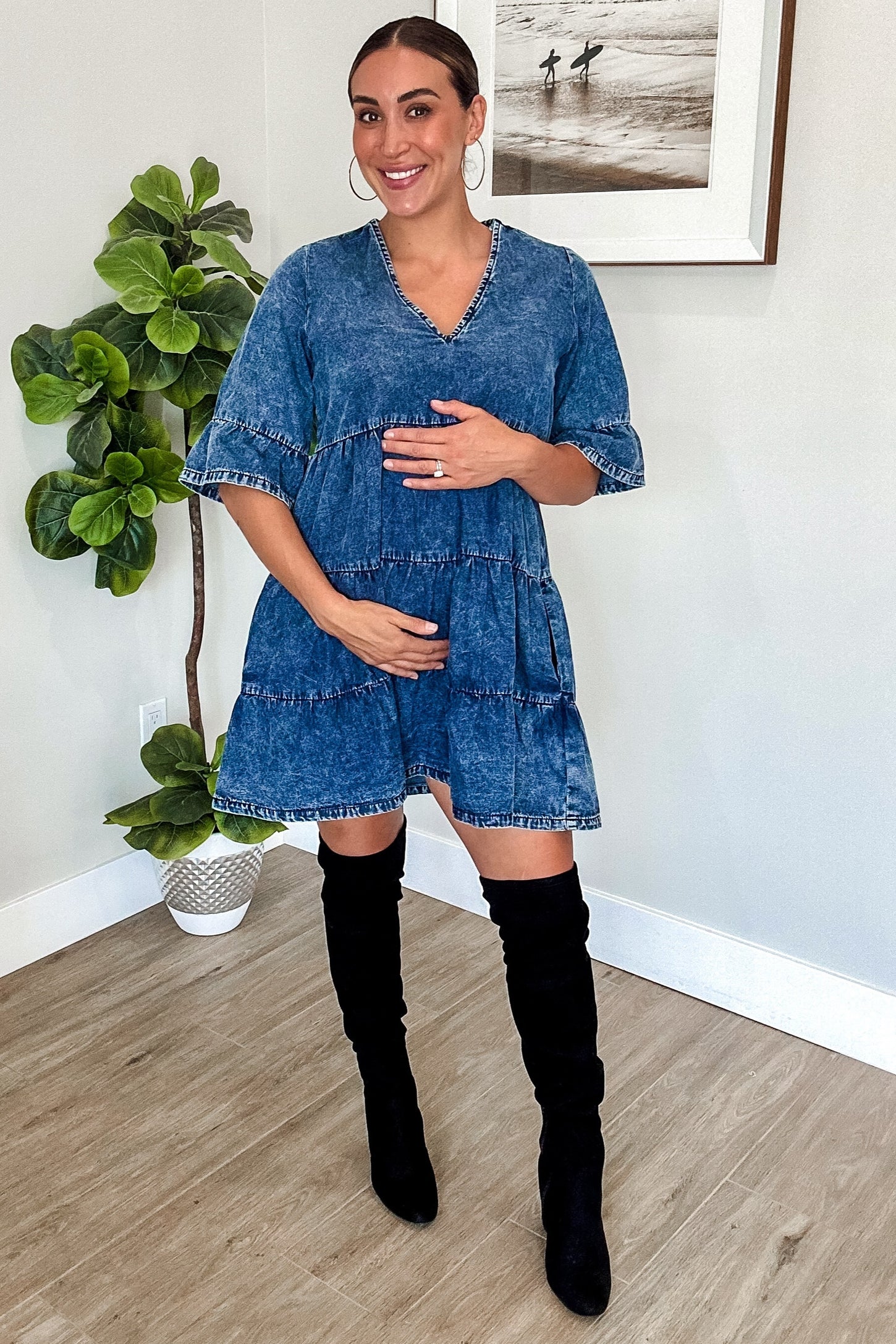 Blue Vintage Wash Tiered Maternity Dress