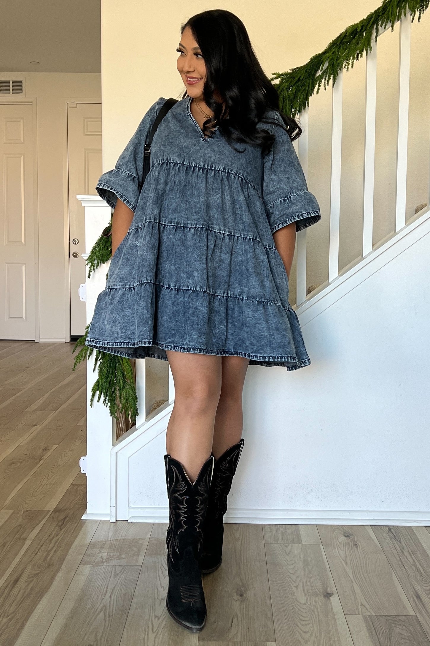 Blue Vintage Wash Tiered Dress