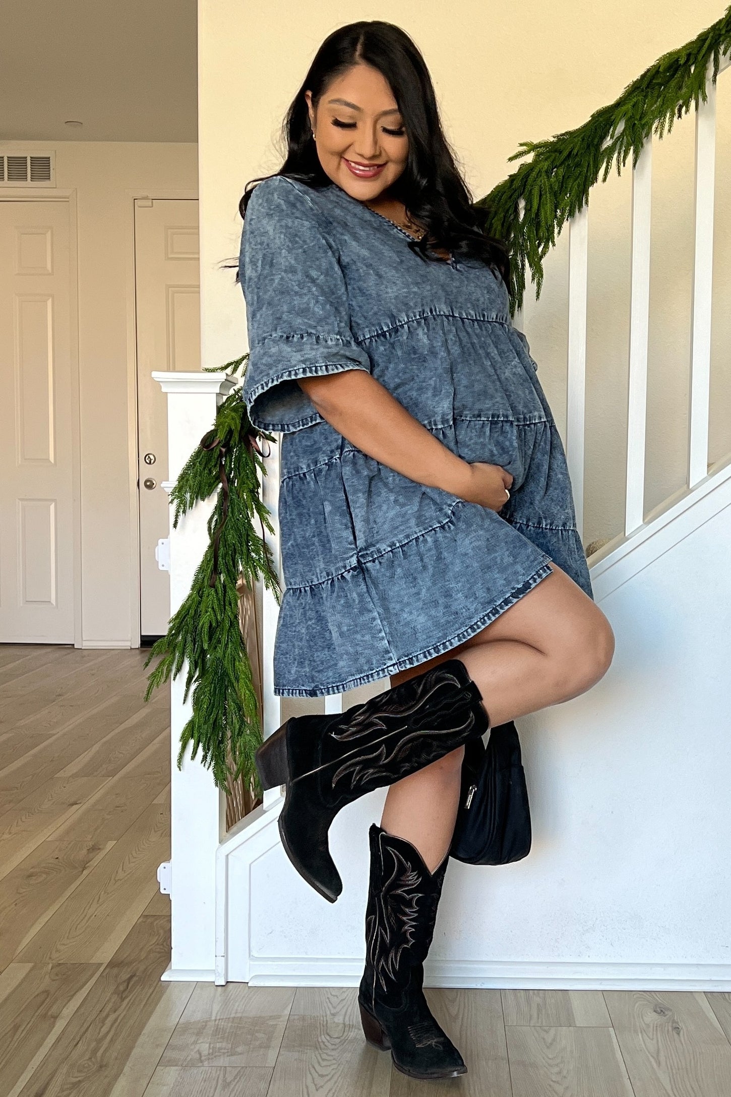 Blue Vintage Wash Tiered Maternity Dress