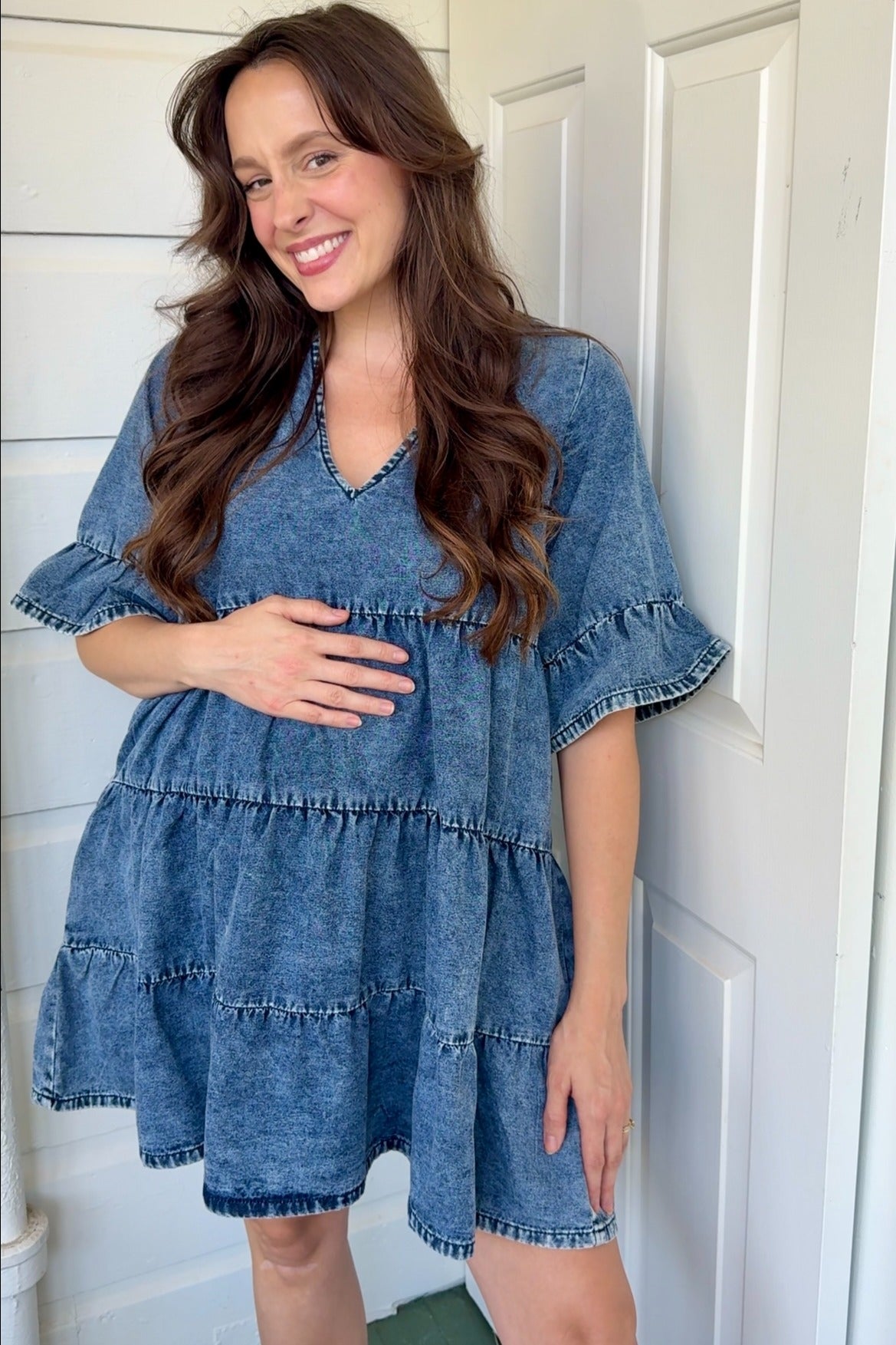 Blue Vintage Wash Tiered Maternity Dress
