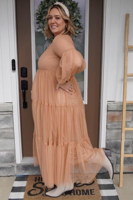 Rust Mesh Overlay Tiered Maternity Maxi Dress