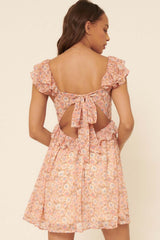 Peach Floral Wide Deep V Ruffle Flounce Mini Dress
