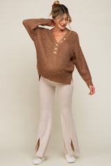 Mocha Chunky Knit Button V-Neck Maternity Sweater