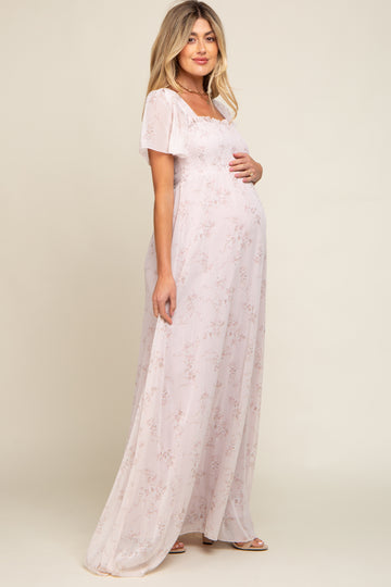 Light Pink Floral Smocked Chiffon Maternity Maxi Dress