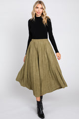 Olive Suede Pleated Maternity Midi Skirt