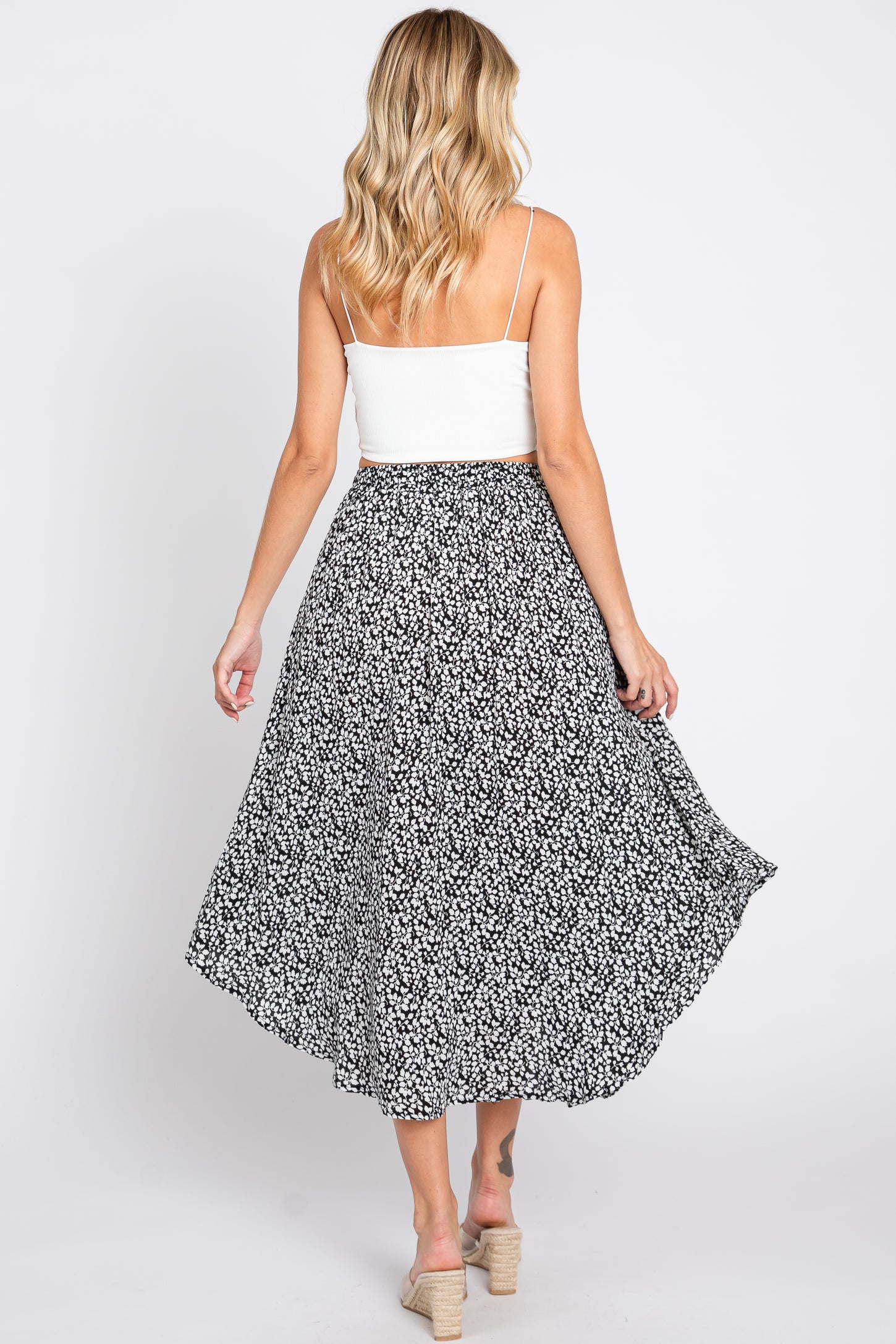 Black Floral Button Accent Midi Skirt