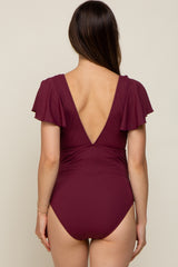 Plum Deep V-Neck Flounce Maternity One Piece Swimsuit