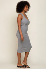 Heather Grey Ribbed Knit Fitted V-Neck Midi Dress