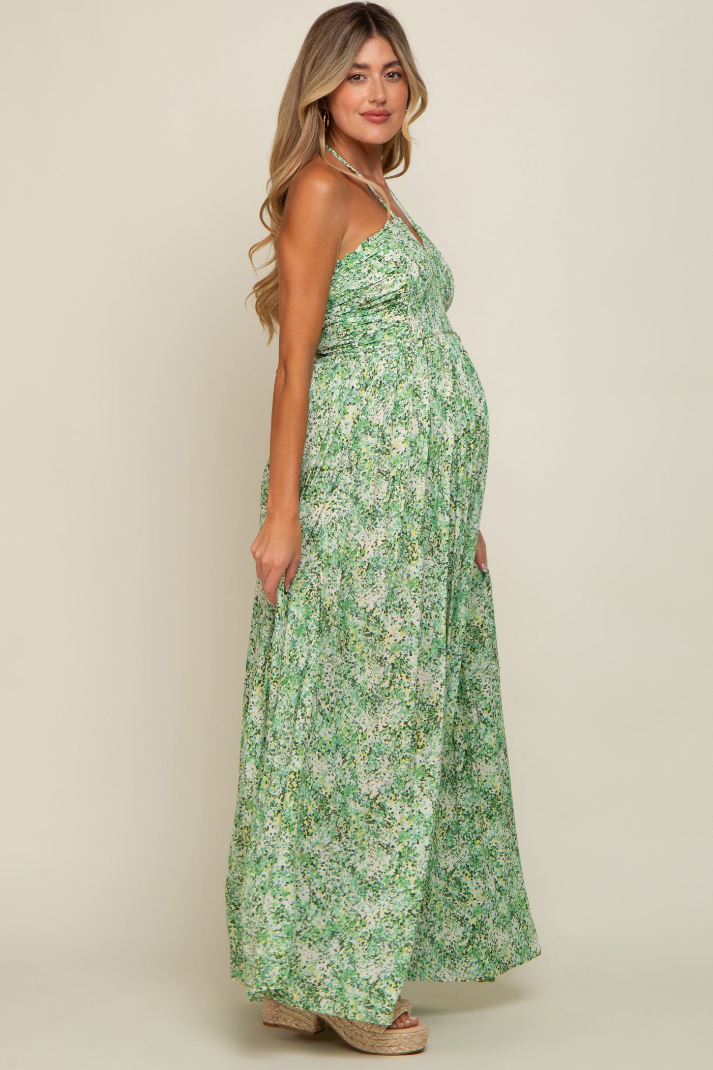 Green Floral Halter Neck Maternity Maxi Dress