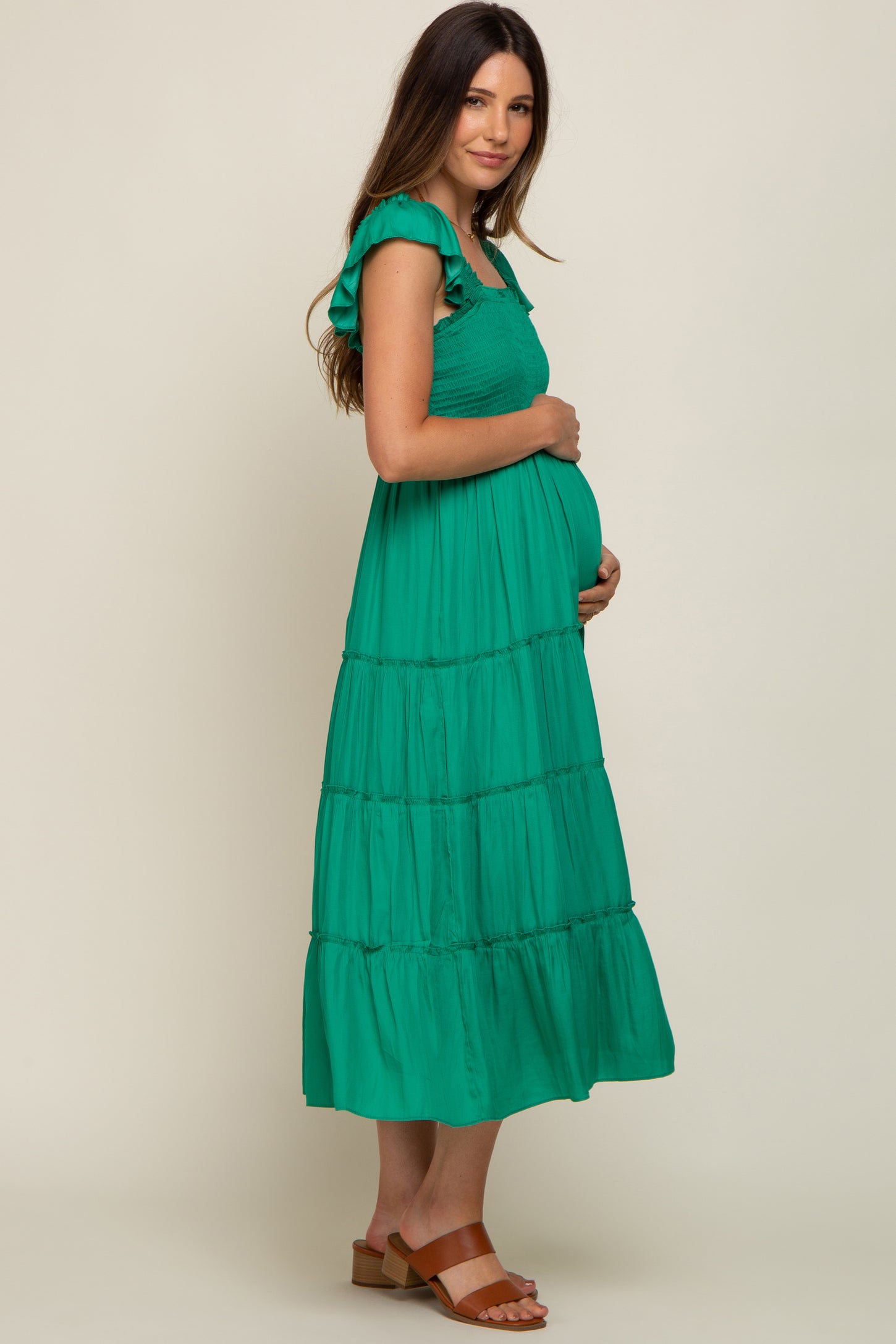 Green Satin Square Ruffle Neck Smocked Sleeveless Maternity Midi Dress