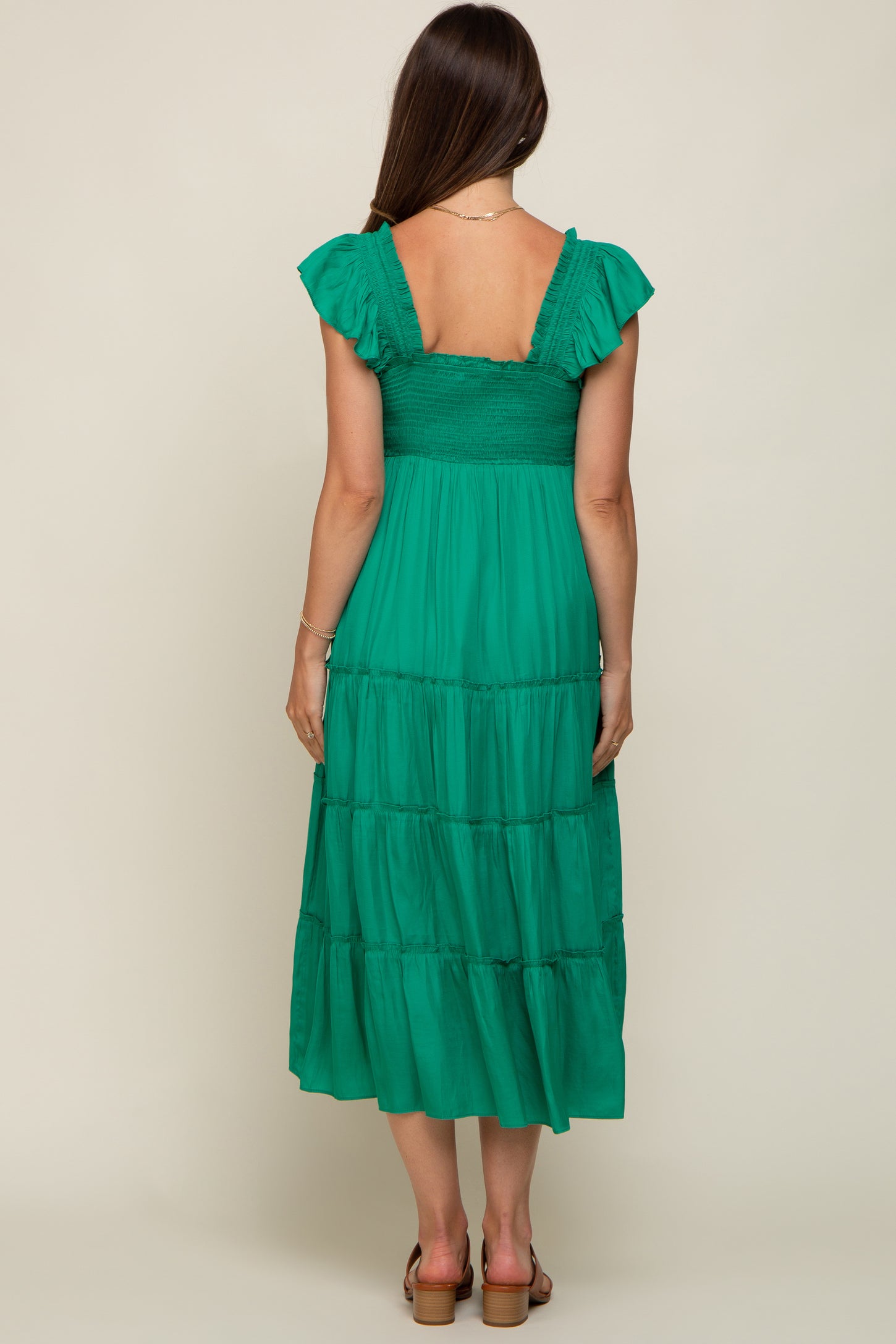 Green Satin Square Ruffle Neck Smocked Sleeveless Maternity Midi Dress